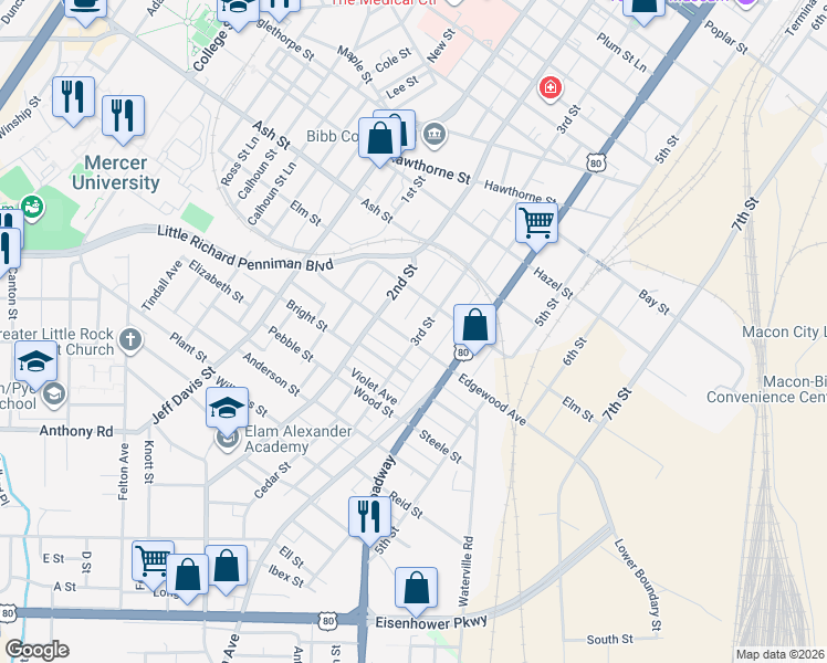 map of restaurants, bars, coffee shops, grocery stores, and more near 522 Edgewood Avenue in Macon