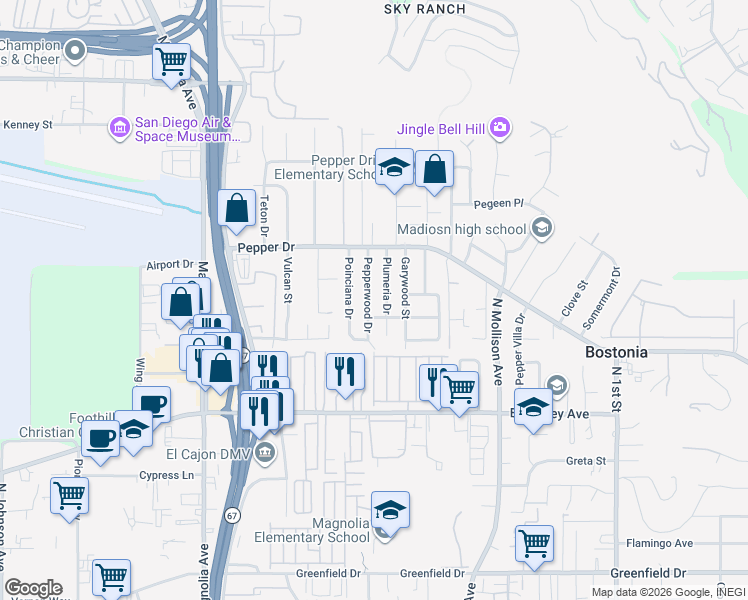 map of restaurants, bars, coffee shops, grocery stores, and more near 1705 Pepperwood Drive in El Cajon
