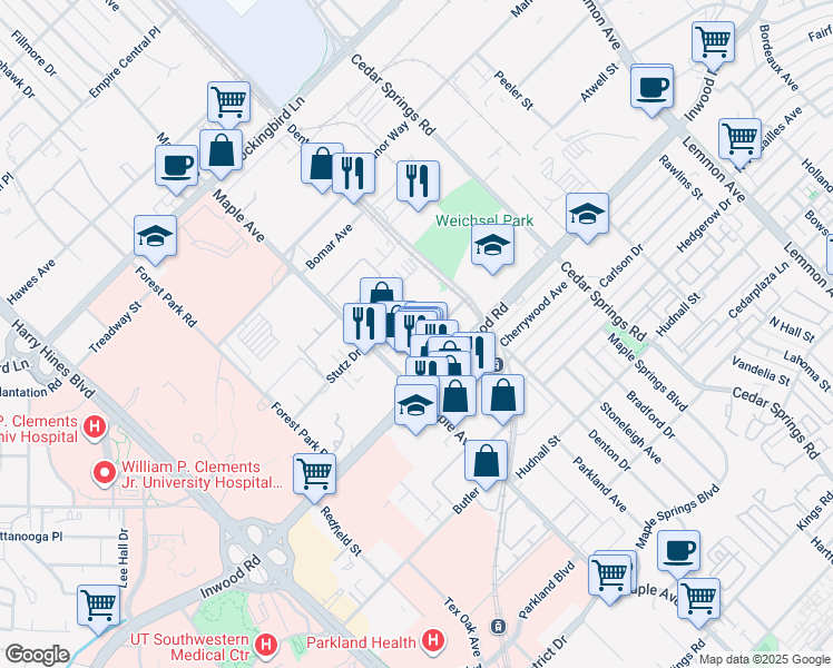 map of restaurants, bars, coffee shops, grocery stores, and more near 5719 Sadler Circle in Dallas