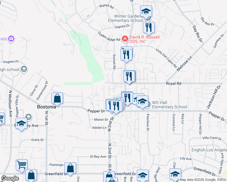 map of restaurants, bars, coffee shops, grocery stores, and more near 8010 Winter Gardens Boulevard in El Cajon