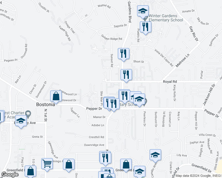 map of restaurants, bars, coffee shops, grocery stores, and more near 11921 Royal Road in El Cajon