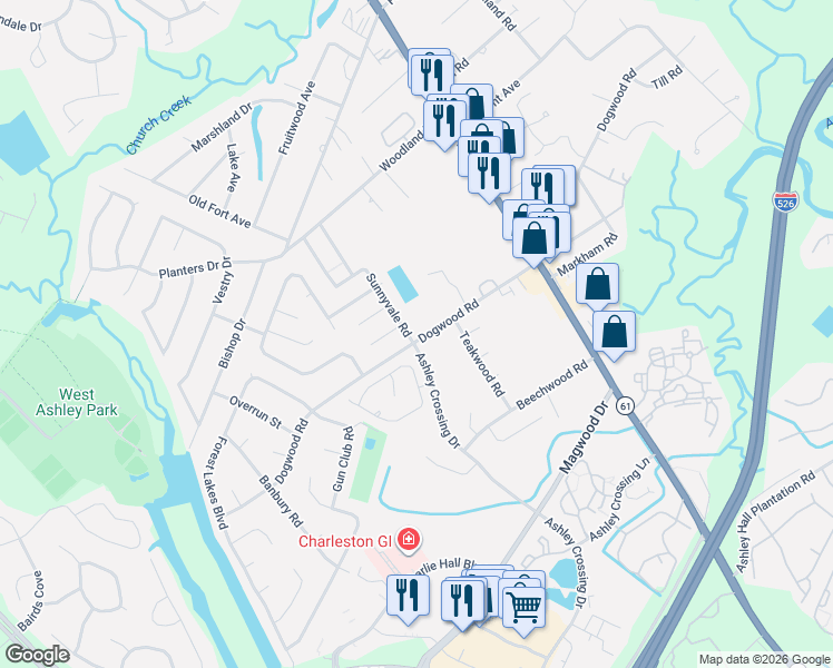 map of restaurants, bars, coffee shops, grocery stores, and more near 1909 Sunnyvale Avenue in Charleston