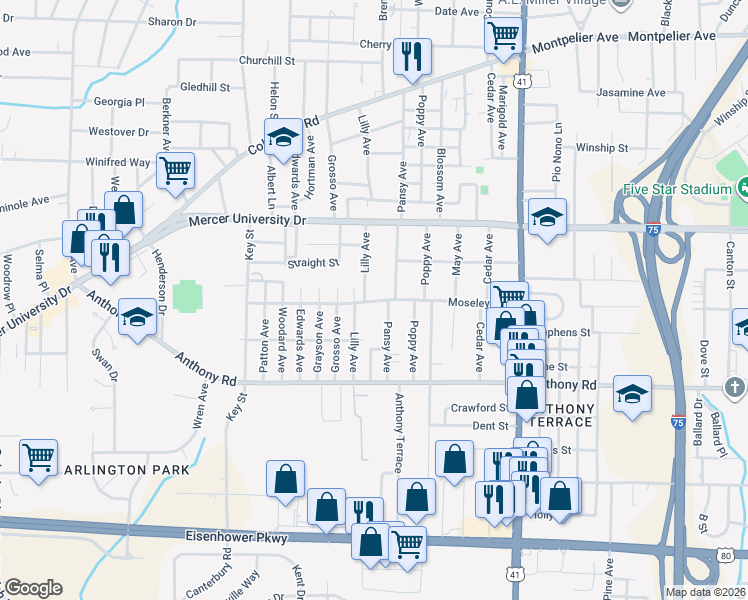 map of restaurants, bars, coffee shops, grocery stores, and more near 418 Moseley Avenue in Macon