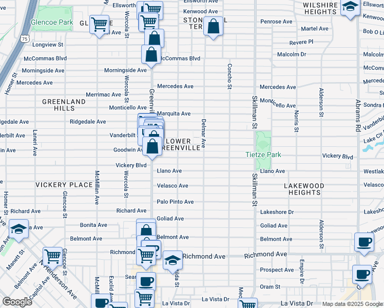 map of restaurants, bars, coffee shops, grocery stores, and more near 5833 Vickery Boulevard in Dallas