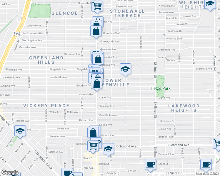 map of restaurants, bars, coffee shops, grocery stores, and more near in Dallas