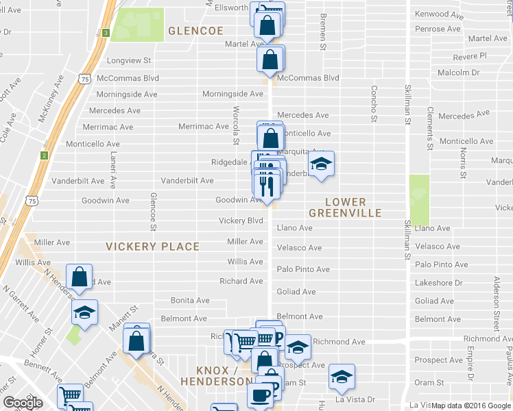 map of restaurants, bars, coffee shops, grocery stores, and more near 5628 Goodwin Avenue in Dallas