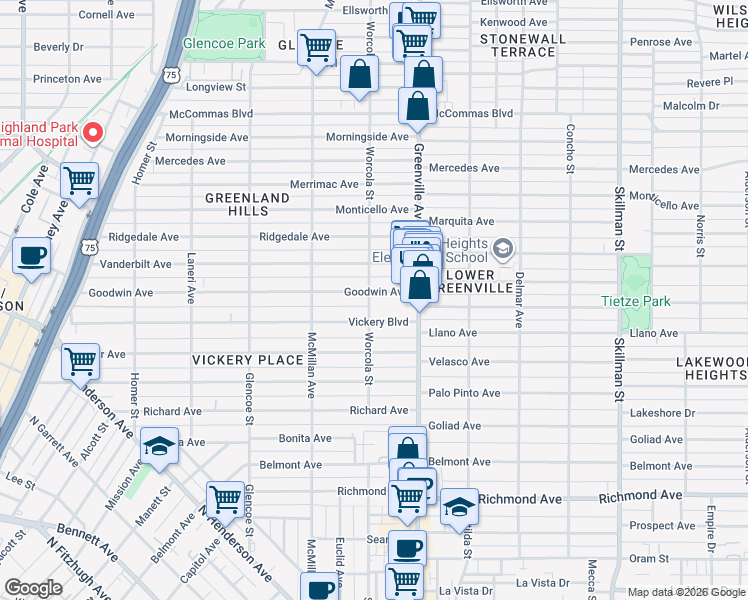 map of restaurants, bars, coffee shops, grocery stores, and more near 5554 Goodwin Avenue in Dallas