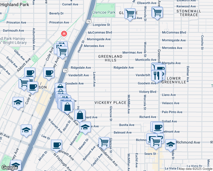map of restaurants, bars, coffee shops, grocery stores, and more near 5334 Goodwin Avenue in Dallas