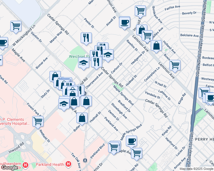 map of restaurants, bars, coffee shops, grocery stores, and more near 2910 Hedgerow Drive in Dallas