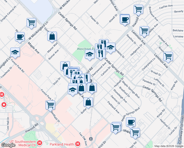 map of restaurants, bars, coffee shops, grocery stores, and more near 2810 Cherrywood Avenue in Dallas
