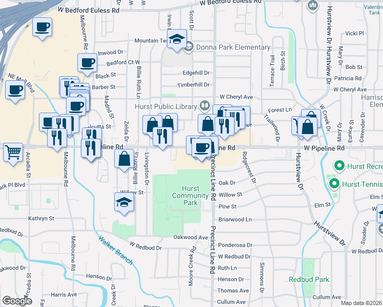 map of restaurants, bars, coffee shops, grocery stores, and more near in Hurst