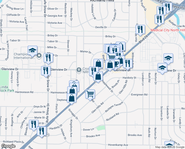 map of restaurants, bars, coffee shops, grocery stores, and more near 10 Daley Avenue in North Richland Hills