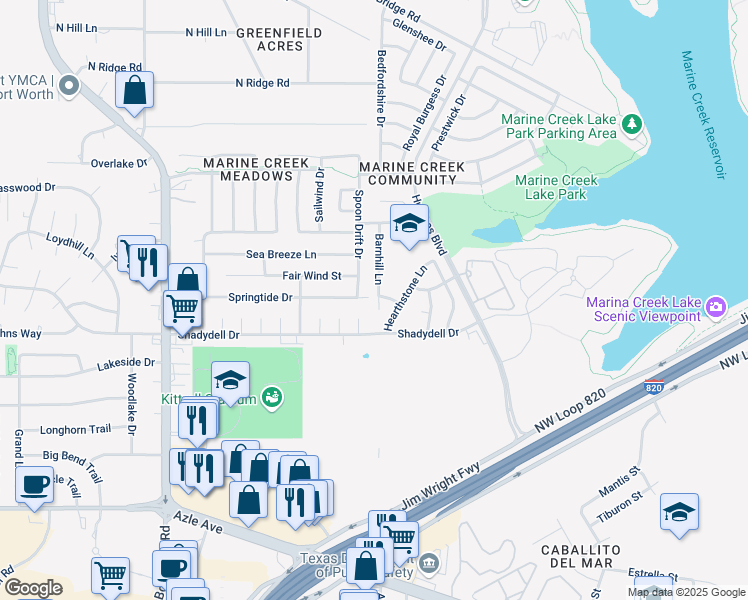 map of restaurants, bars, coffee shops, grocery stores, and more near 5641 Springtide Drive in Fort Worth