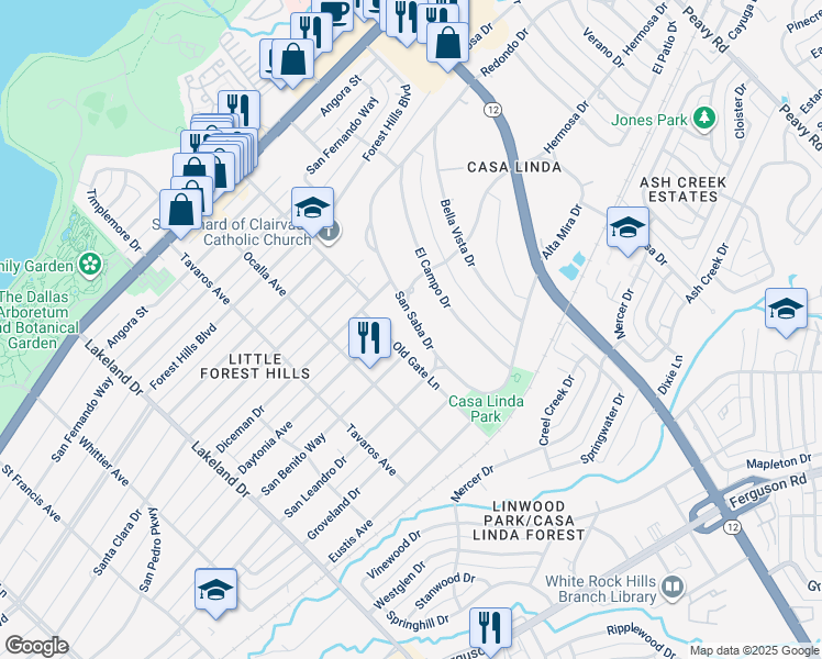 map of restaurants, bars, coffee shops, grocery stores, and more near 1523 San Saba Drive in Dallas