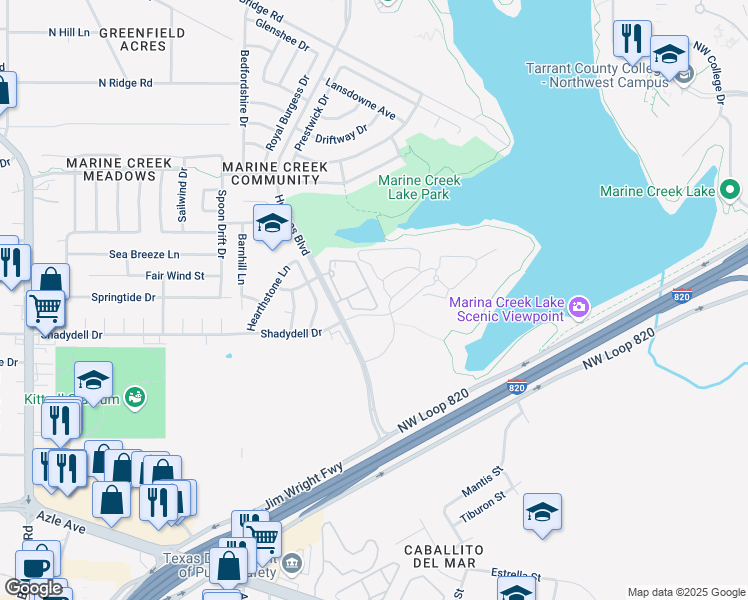 map of restaurants, bars, coffee shops, grocery stores, and more near 4710 Catamaran Drive in Fort Worth