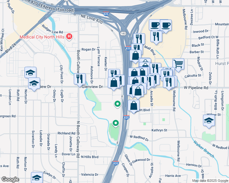 map of restaurants, bars, coffee shops, grocery stores, and more near 107 Jordan Drive in Richland Hills
