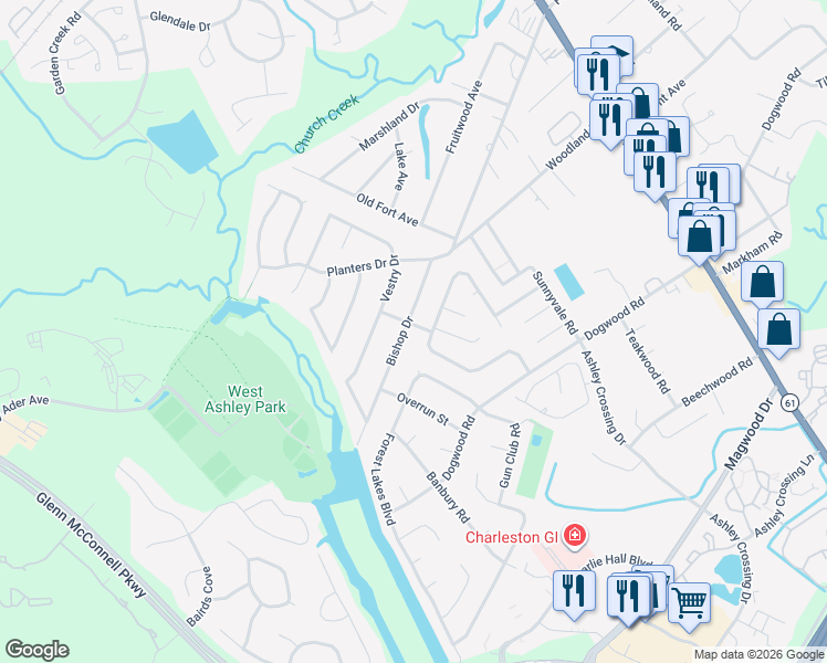 map of restaurants, bars, coffee shops, grocery stores, and more near 2069 Bishop Drive in Charleston