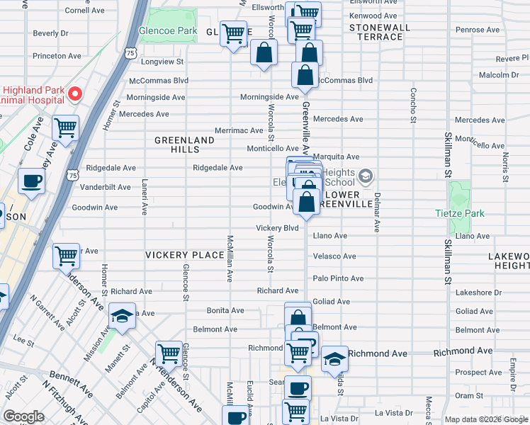 map of restaurants, bars, coffee shops, grocery stores, and more near 5554 Goodwin Avenue in Dallas