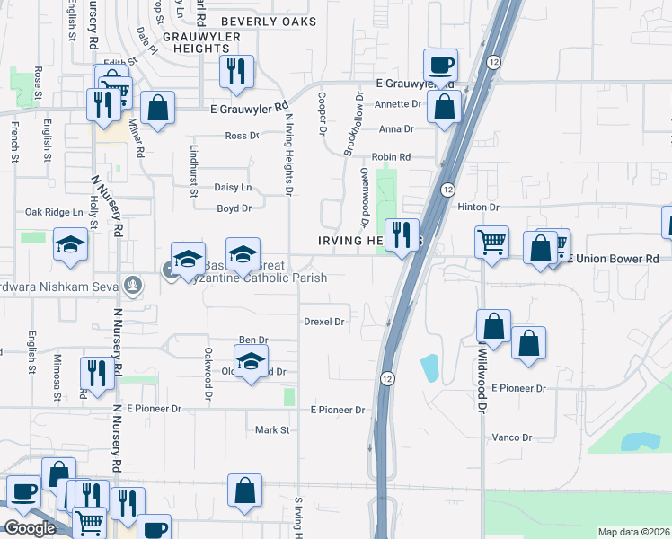 map of restaurants, bars, coffee shops, grocery stores, and more near 1701 Hendrix Drive in Irving
