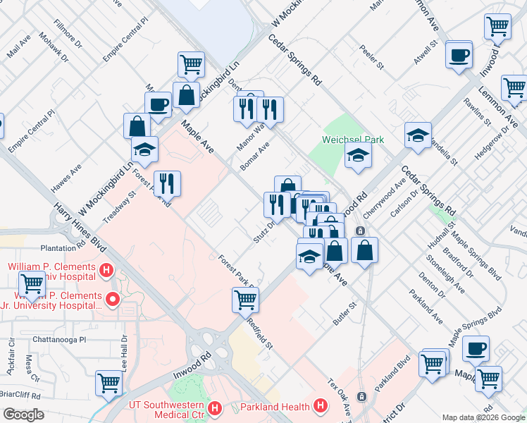 map of restaurants, bars, coffee shops, grocery stores, and more near 5959 Maple Avenue in Dallas