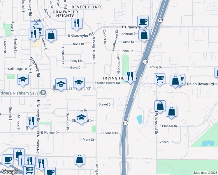 map of restaurants, bars, coffee shops, grocery stores, and more near 1701 Hendrix Drive in Irving