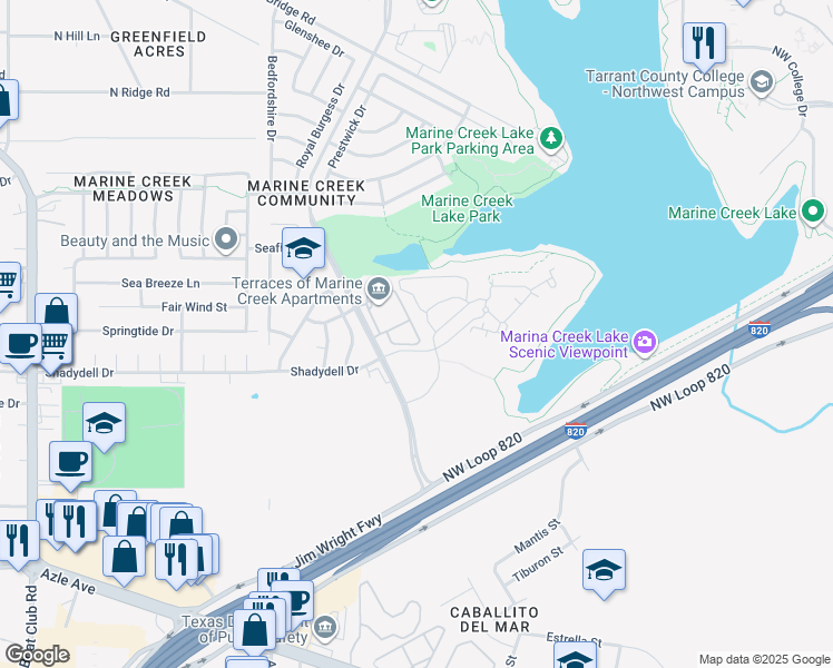 map of restaurants, bars, coffee shops, grocery stores, and more near 4706 Catamaran Drive in Fort Worth