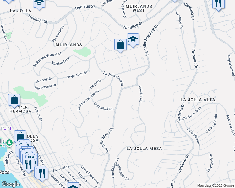 map of restaurants, bars, coffee shops, grocery stores, and more near 5970 La Jolla Mesa Drive in San Diego