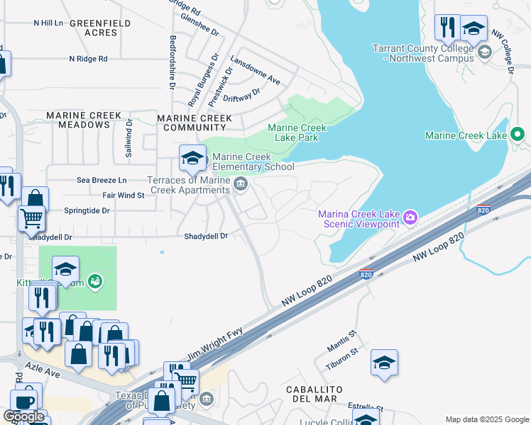 map of restaurants, bars, coffee shops, grocery stores, and more near 4701 Catamaran Drive in Fort Worth