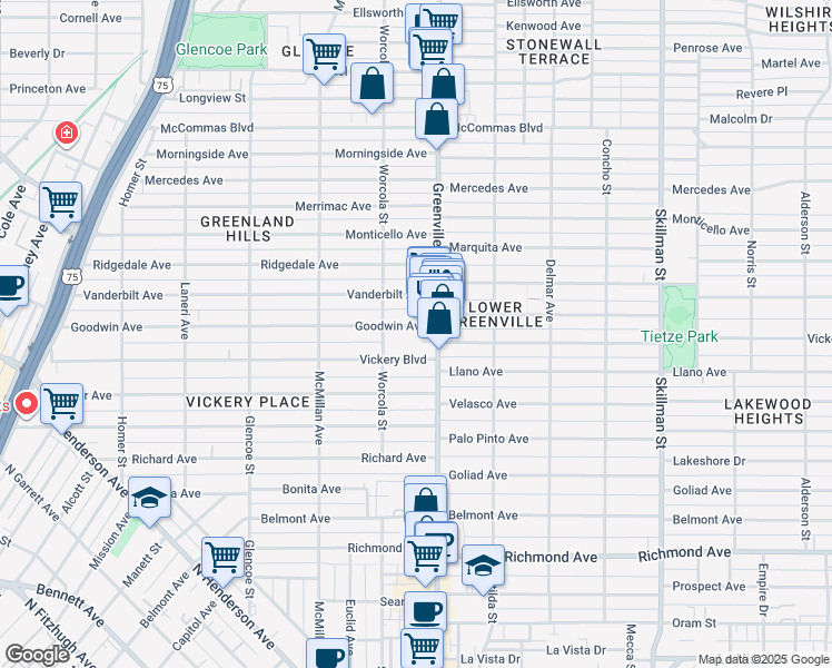 map of restaurants, bars, coffee shops, grocery stores, and more near 5628 Goodwin Avenue in Dallas