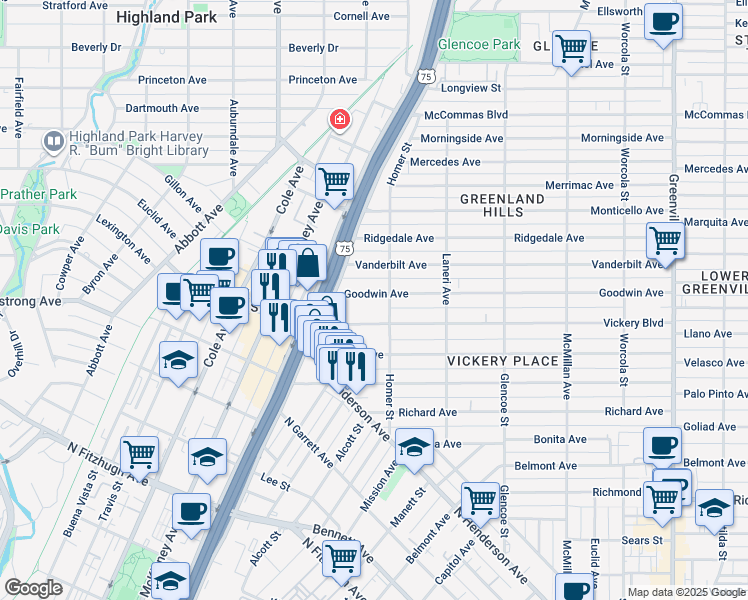 map of restaurants, bars, coffee shops, grocery stores, and more near 5136 Goodwin Avenue in Dallas