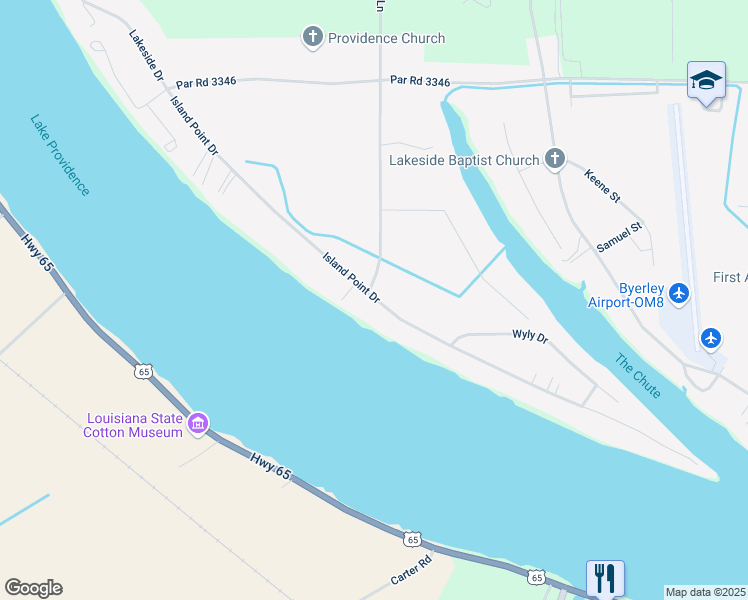 map of restaurants, bars, coffee shops, grocery stores, and more near 1740 Island Point Drive in Lake Providence