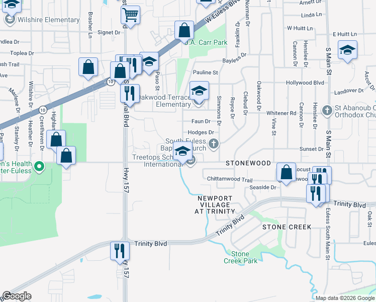 map of restaurants, bars, coffee shops, grocery stores, and more near 12501 South Pipeline Road West in Euless