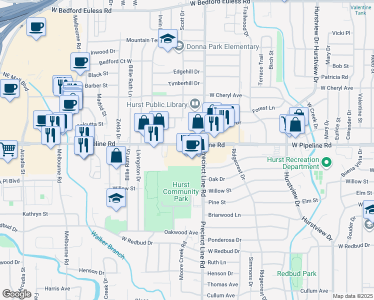 map of restaurants, bars, coffee shops, grocery stores, and more near 821 West Pipeline Road in Hurst