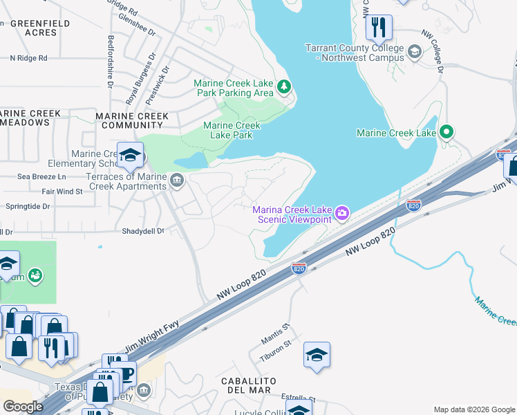 map of restaurants, bars, coffee shops, grocery stores, and more near 5201 Shadydell Drive in Fort Worth