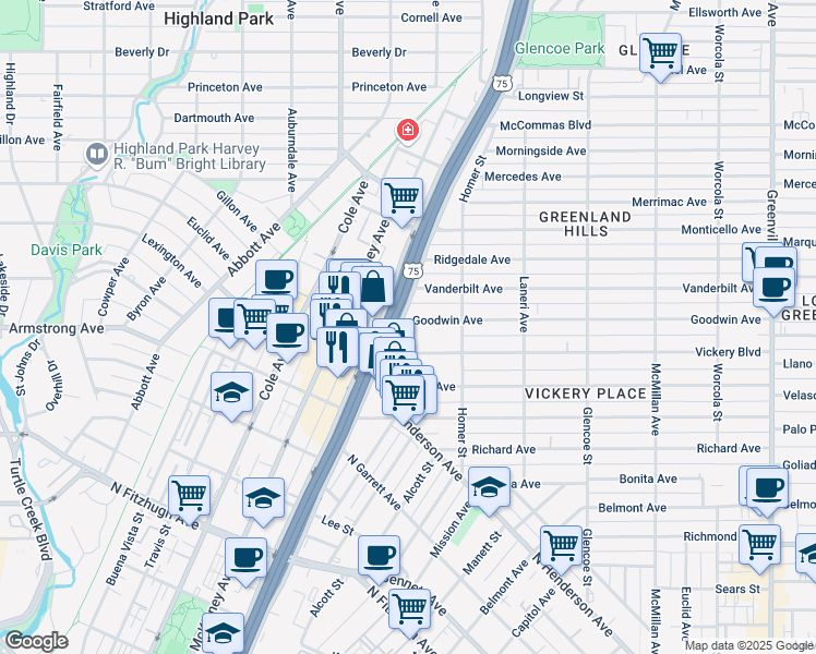map of restaurants, bars, coffee shops, grocery stores, and more near 5102 Goodwin Avenue in Dallas