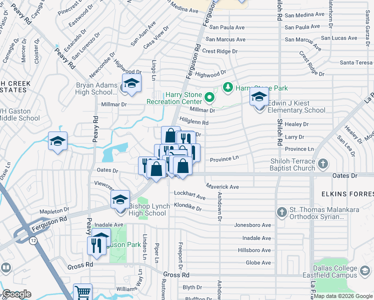 map of restaurants, bars, coffee shops, grocery stores, and more near Unnamed Road in Dallas