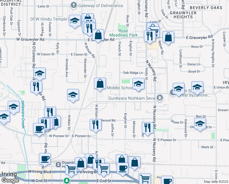 map of restaurants, bars, coffee shops, grocery stores, and more near 951 French Street in Irving