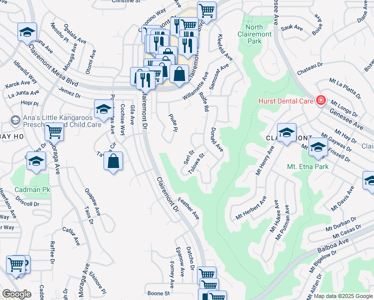 map of restaurants, bars, coffee shops, grocery stores, and more near 4182 Seri Street in San Diego