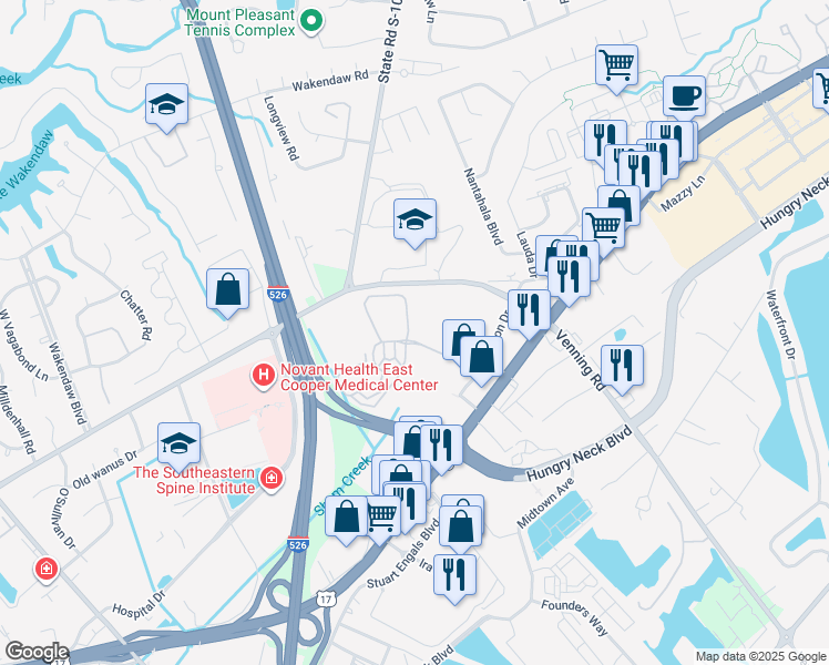 map of restaurants, bars, coffee shops, grocery stores, and more near 1711 Chatelain Way in Mount Pleasant