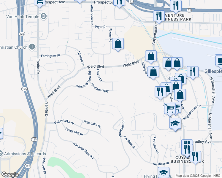 map of restaurants, bars, coffee shops, grocery stores, and more near 1952 Ventana Way in El Cajon