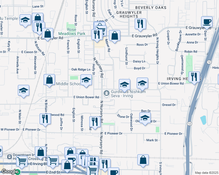 map of restaurants, bars, coffee shops, grocery stores, and more near 1077 East Union Bower Road in Irving