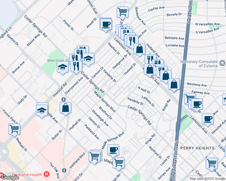 map of restaurants, bars, coffee shops, grocery stores, and more near 3126 Hudnall Street in Dallas