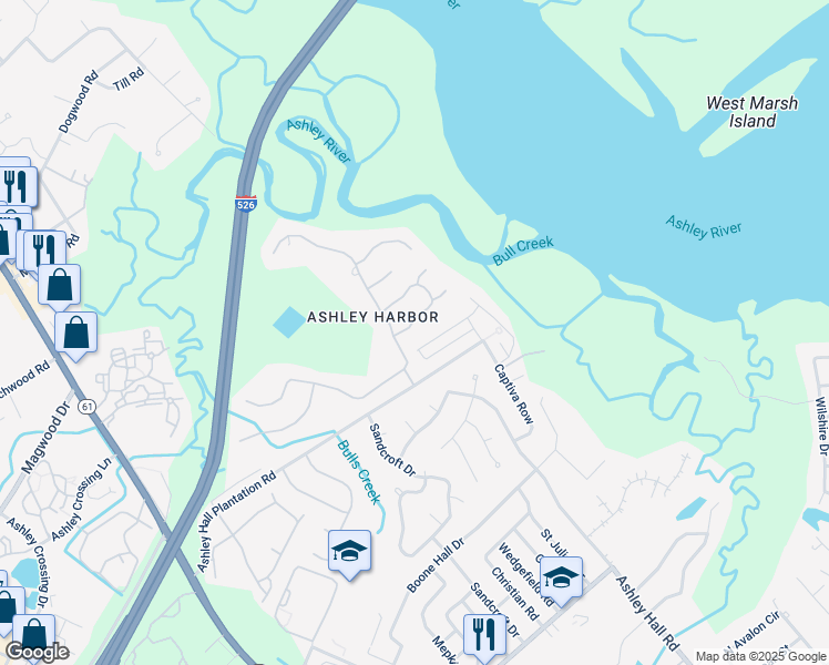 map of restaurants, bars, coffee shops, grocery stores, and more near 2202 Weepoolow Trail in Charleston