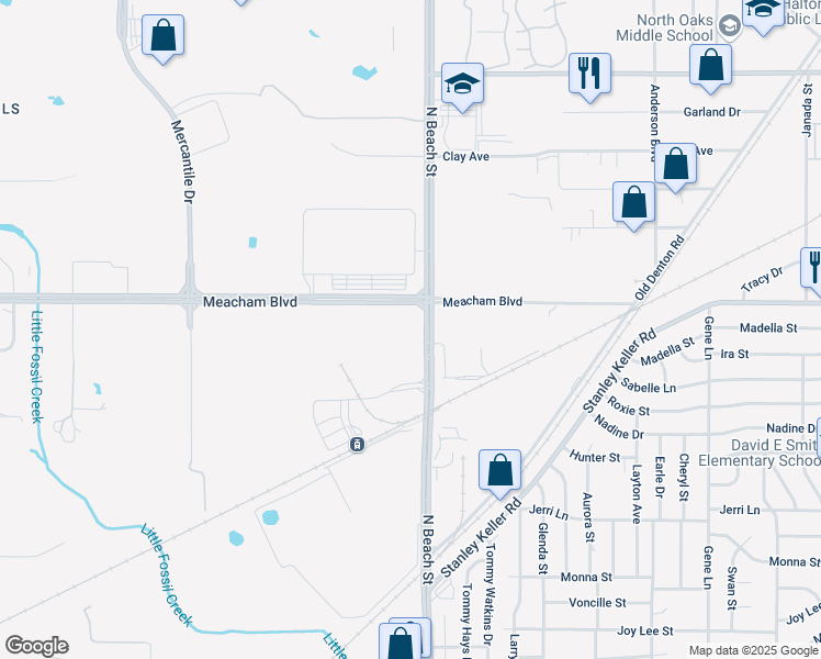 map of restaurants, bars, coffee shops, grocery stores, and more near 4501 North Beach Street in Fort Worth