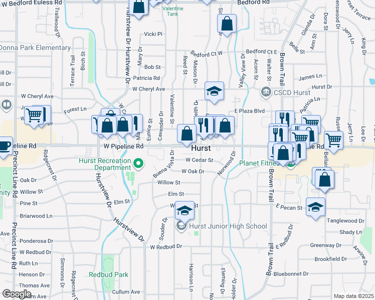 map of restaurants, bars, coffee shops, grocery stores, and more near 233 West Pipeline Road in Hurst