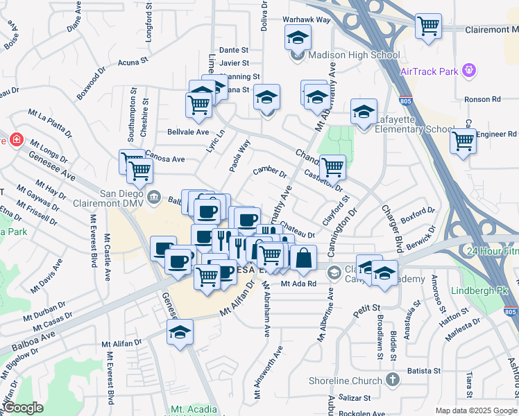 map of restaurants, bars, coffee shops, grocery stores, and more near 5744 Chateau Drive in San Diego