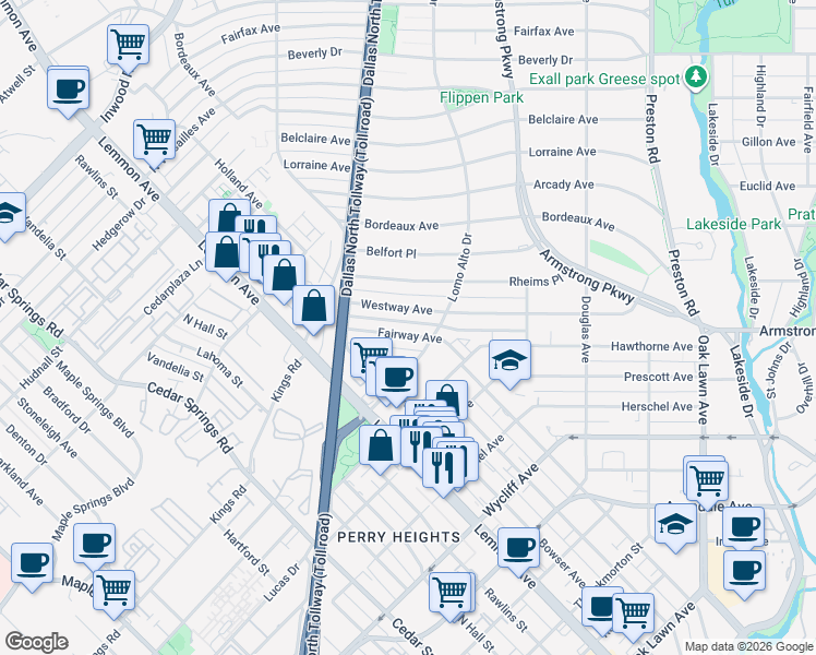 map of restaurants, bars, coffee shops, grocery stores, and more near 4521 Fairway Avenue in Dallas