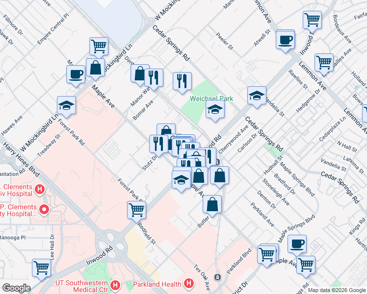 map of restaurants, bars, coffee shops, grocery stores, and more near 5719 Sadler Circle in Dallas