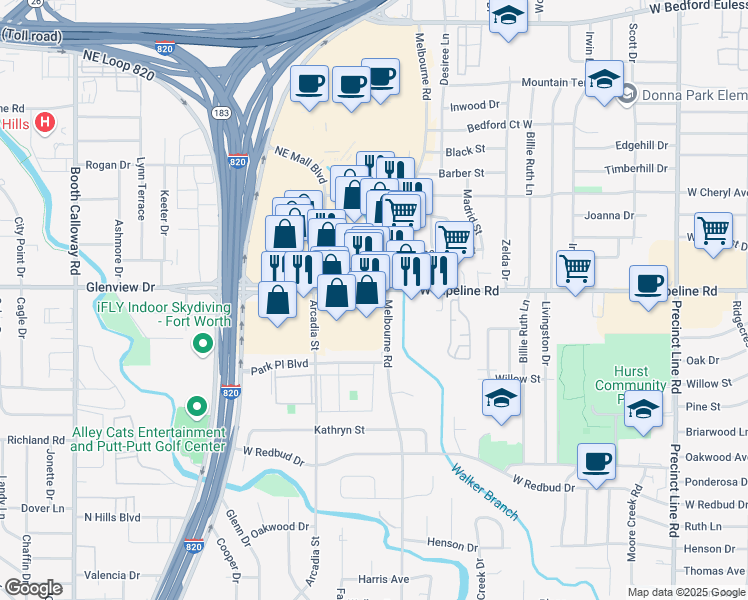 map of restaurants, bars, coffee shops, grocery stores, and more near 1301 W Pipeline Rd in Hurst