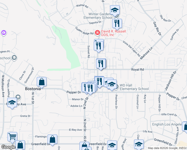 map of restaurants, bars, coffee shops, grocery stores, and more near 8020 Winter Gardens Boulevard in El Cajon